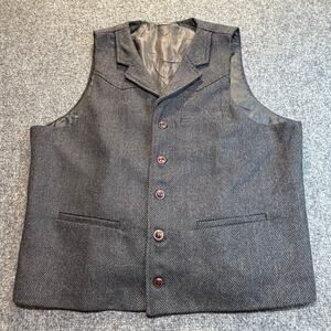 Botvela Mens 2XL Grey Wool Herringbone Tweed Vest Lapel Western Cinch Waistcoat